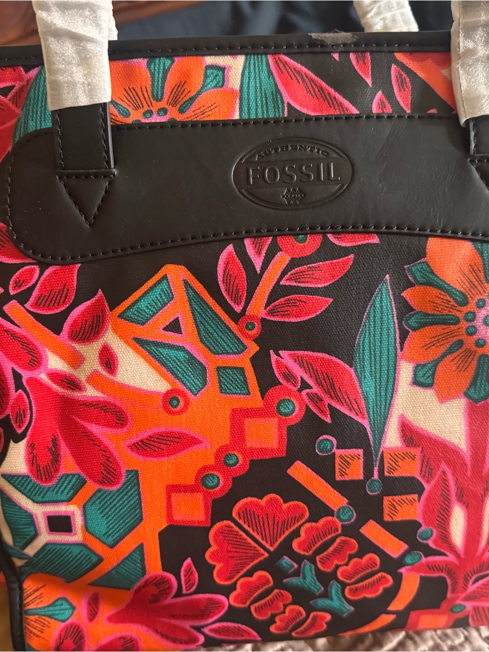 Fossil Black Tote with Pink, Orange & Teal Floral Print
